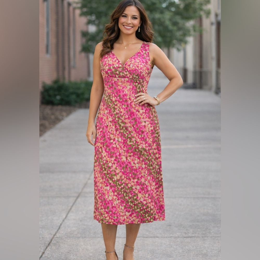 Muse 100% Silk Pink & Green Sleeveless Midi Dress – Size 10